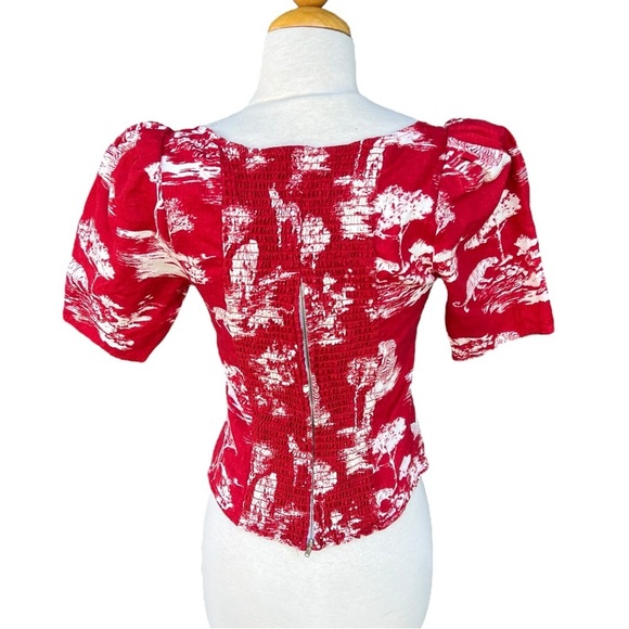 Reformation Leo Linen Top Nairobi Red Safari Print Button Detail Puff Sleeves 6 - Picture 4 of 15